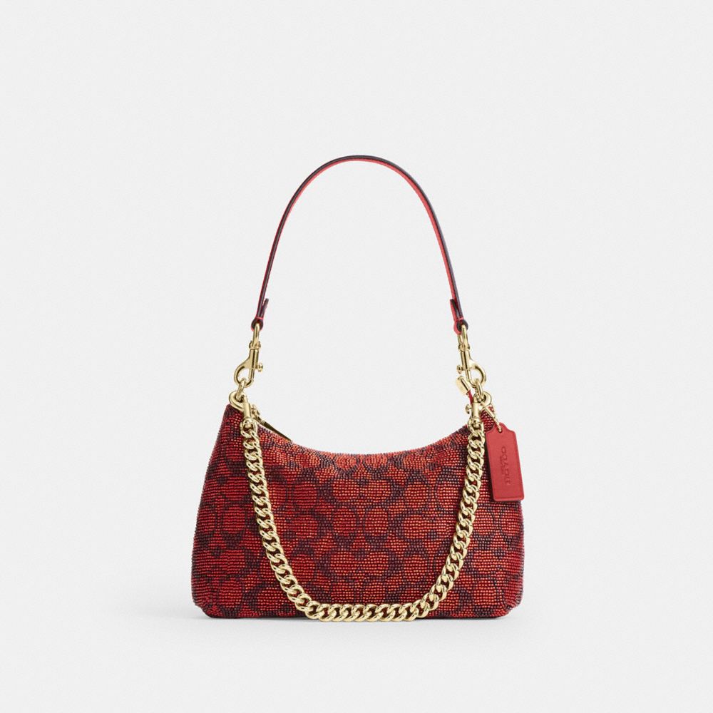 Coach Teri Shoulder Bag In Signature Beaded Satin Gold Crimson