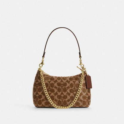 Coach Teri Shoulder Bag In Signature Beaded Satin Gold Tan