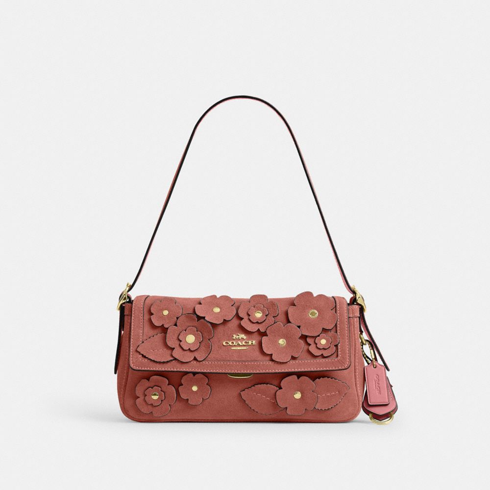 Coach Etta Small Flap Shoulder Bag With Floral Appliqué Gold/Blush Pink