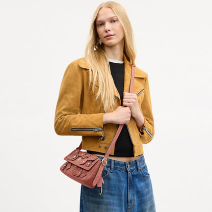 Coach Etta Small Flap Shoulder Bag With Floral Appliqué Gold/Blush Pink