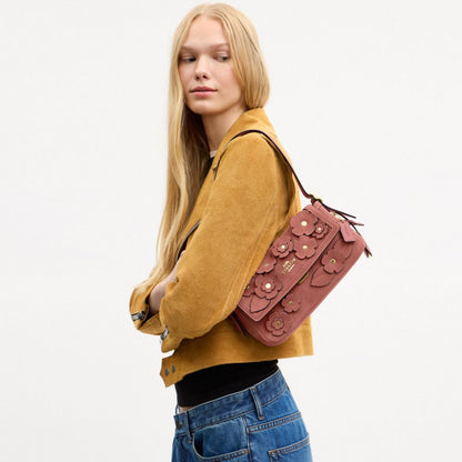 Coach Etta Small Flap Shoulder Bag With Floral Appliqué Gold/Blush Pink