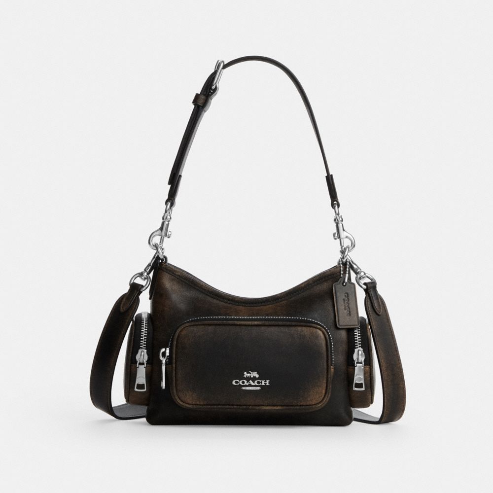 Coach Laurel Shoulder Bag 22 With Pockets In Loved Leather Silver/Black Brown