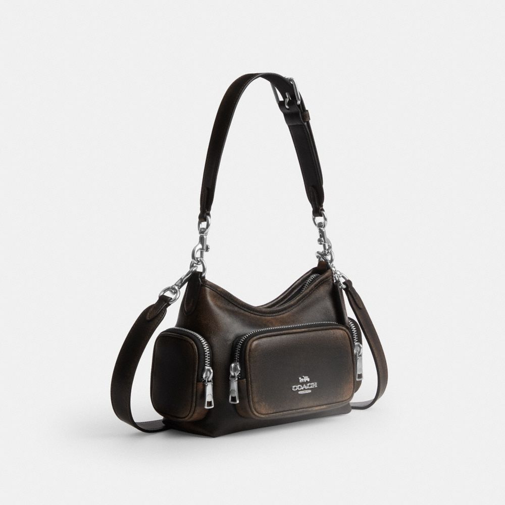 Coach Laurel Shoulder Bag 22 With Pockets In Loved Leather Silver/Black Brown