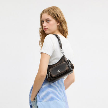 Coach Laurel Shoulder Bag 22 With Pockets In Loved Leather Silver/Black Brown