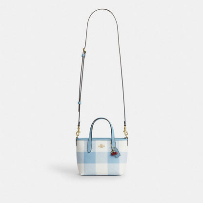 Coach City Mini Tote Bag With Gingham Print And Charm Gold Blue Multi