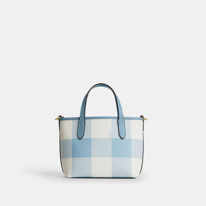 Coach City Mini Tote Bag With Gingham Print And Charm Gold Blue Multi