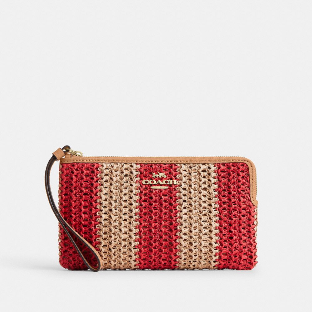 Coach Large Corner Zip Wristlet Gold Red Tan