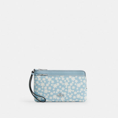 Coach Double Zip Wristlet With Floral Print Silver Blue Multi