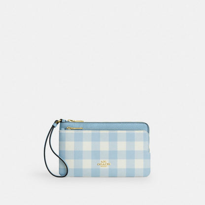 Coach Double Zip Wristlet With Gingham Print Gold Blue Multi