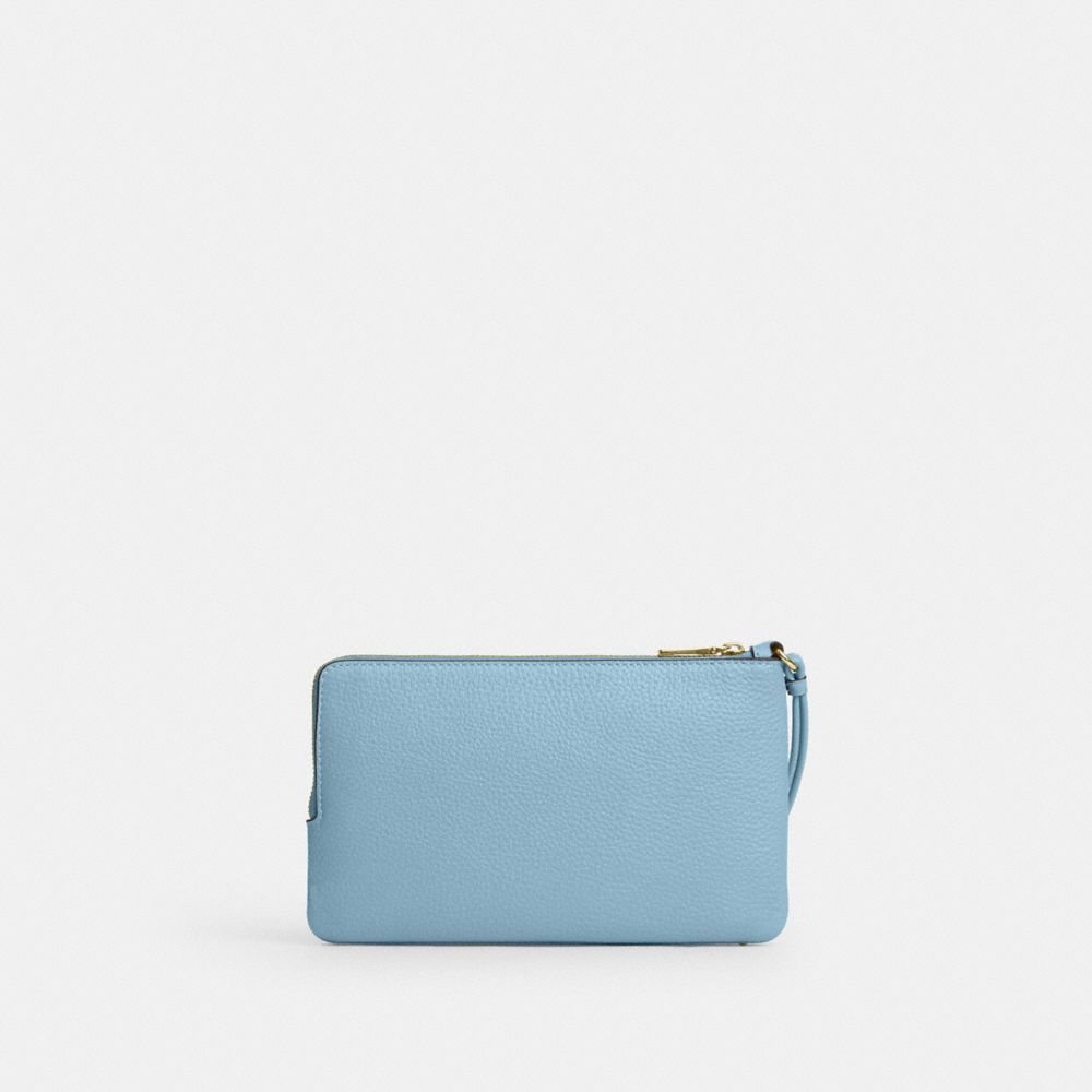 Coach Double Zip Wristlet With Gingham Print Gold Blue Multi