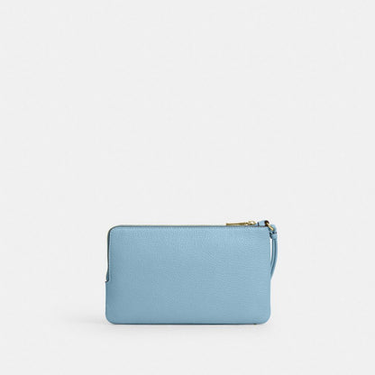 Coach Double Zip Wristlet With Gingham Print Gold Blue Multi