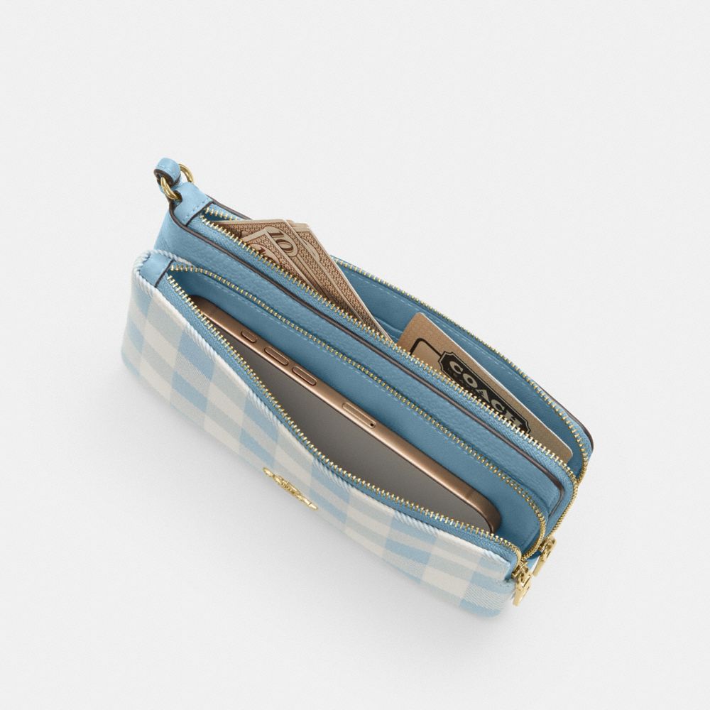 Coach Double Zip Wristlet With Gingham Print Gold Blue Multi