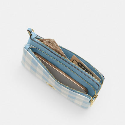 Coach Double Zip Wristlet With Gingham Print Gold Blue Multi