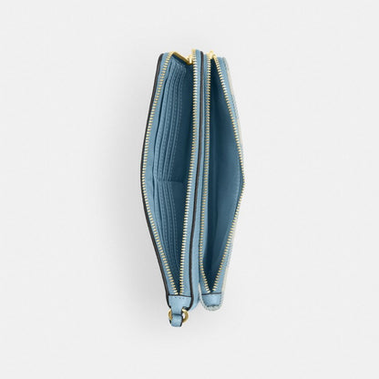 Coach Double Zip Wristlet With Gingham Print Gold Blue Multi