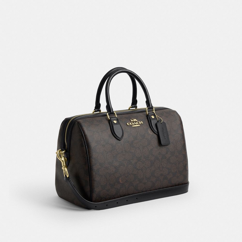 Coach Rowan Large Satchel Bag In Signature Canvas Gold Walnut Black