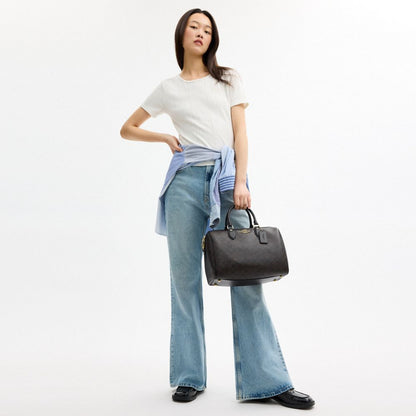 Coach Rowan Large Satchel Bag In Signature Canvas Gold Walnut Black