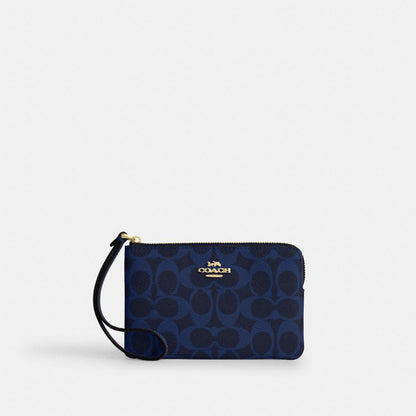 Coach Corner Zip Wristlet In Signature Canvas Gold/Navy