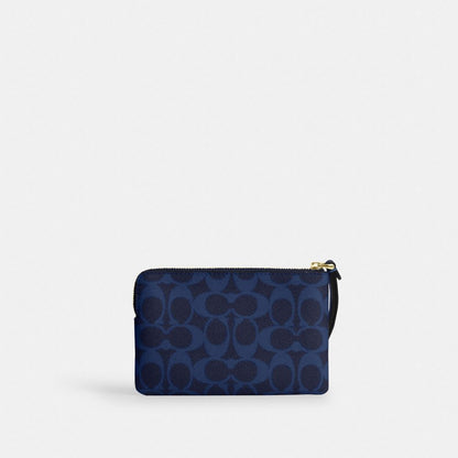 Coach Corner Zip Wristlet In Signature Canvas Gold/Navy