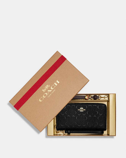 Boxed Long Zip Around Wallet In Signature Leather Gold-Black Gold-Black