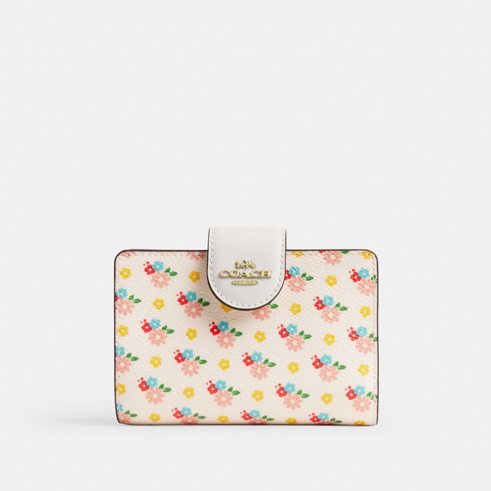 Coach Medium Corner Zip Wallet With Floral Print Gold/Chalk Multi