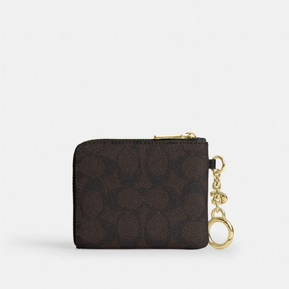 Coach Small Corner Zip Wallet In Signature Canvas Gold/Walnut/Black