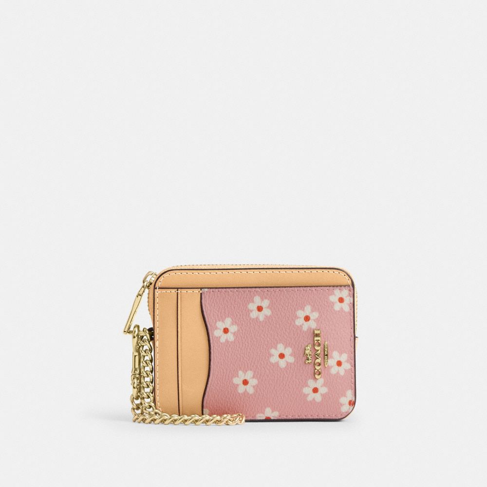 Coach Zip Card Case With Floral Print Gold/Pink Multi