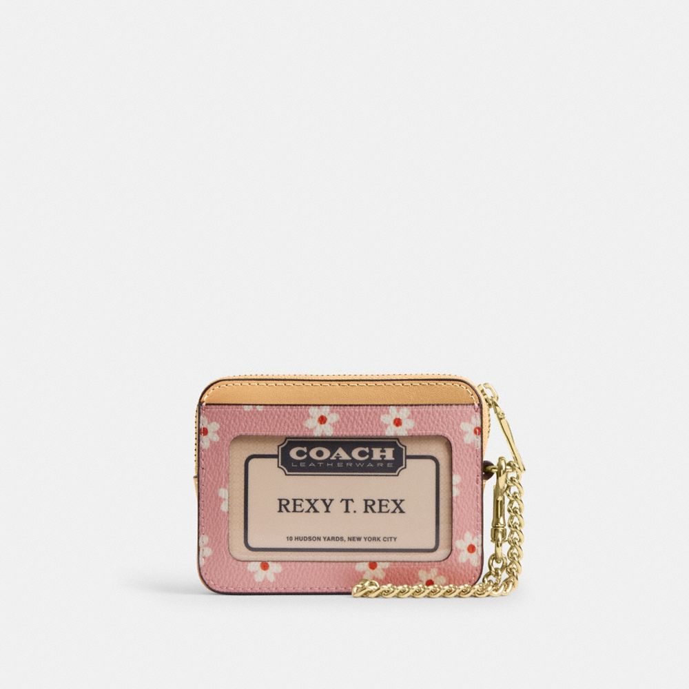 Coach Zip Card Case With Floral Print Gold/Pink Multi