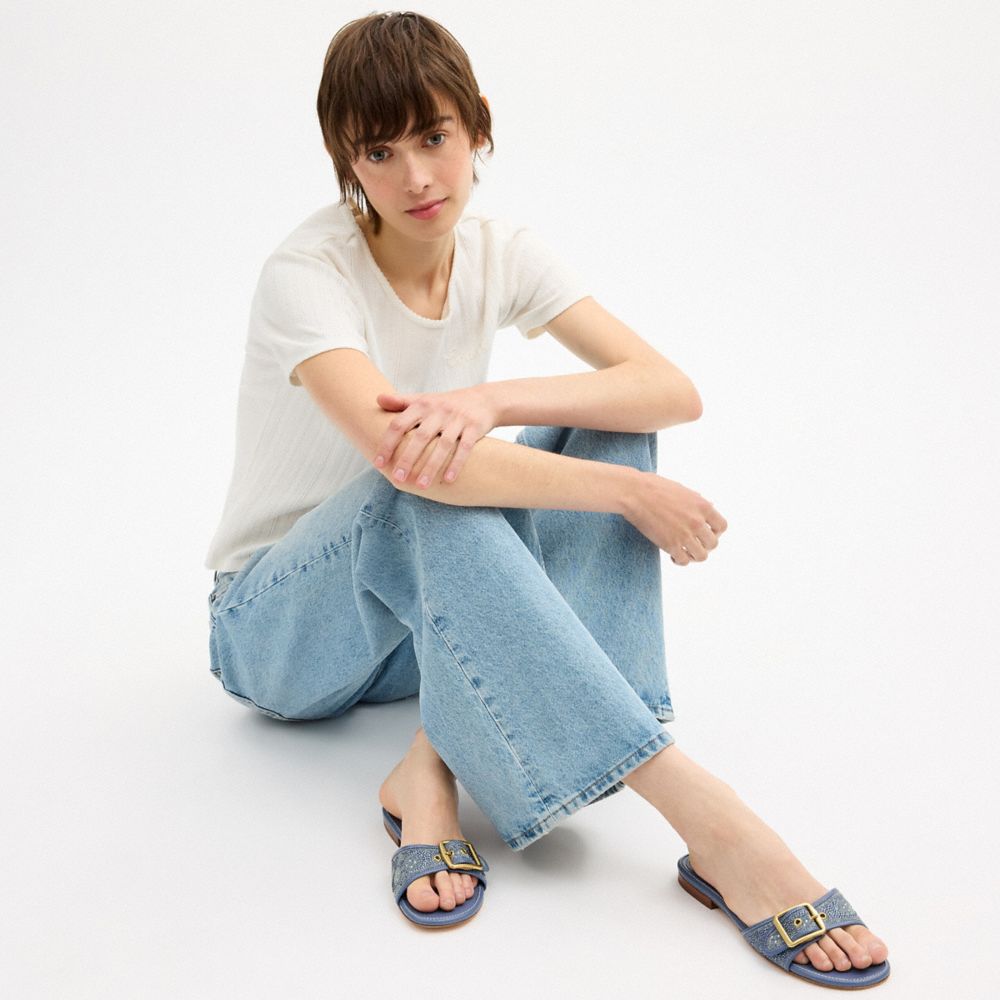 Women's Coach Margot Flat Sandal In Crystal Signature Denim Denim