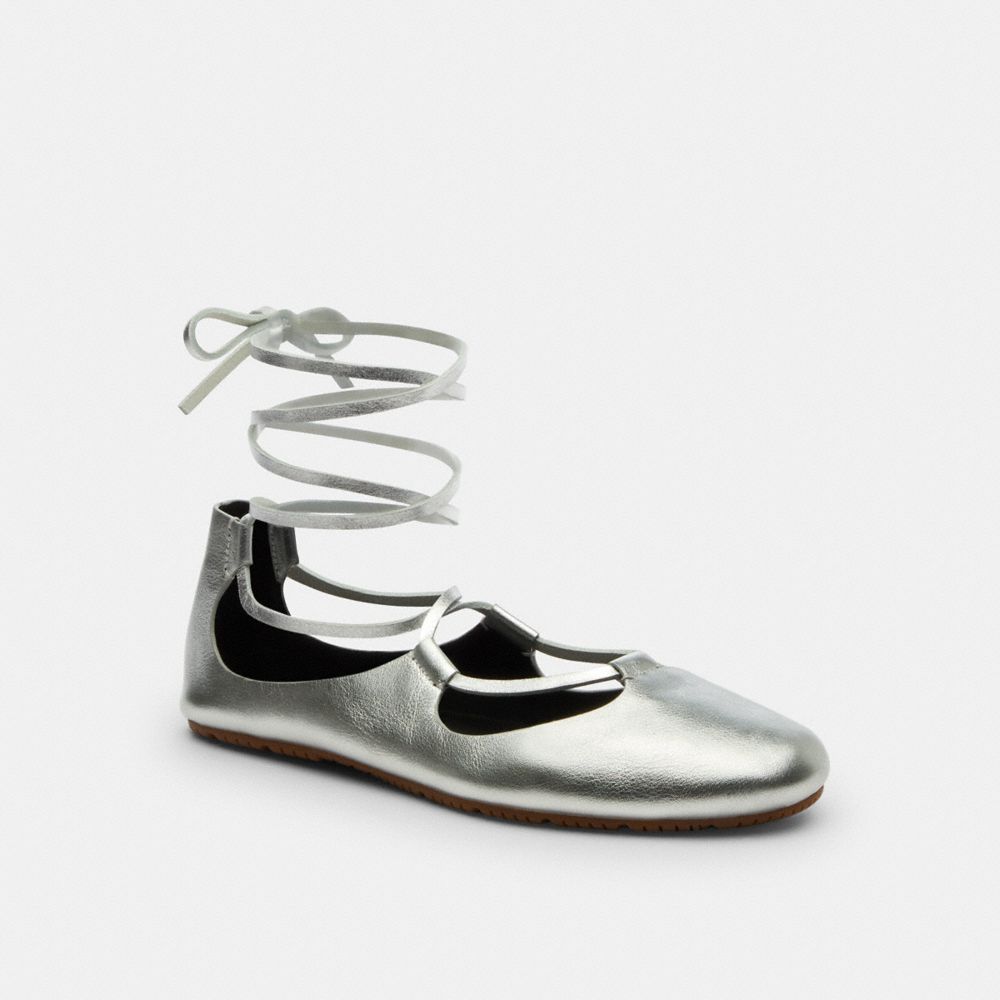 Women's Coach Lace Up Soft Ballet Flat Silver