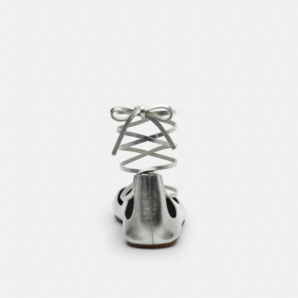 Women's Coach Lace Up Soft Ballet Flat Silver
