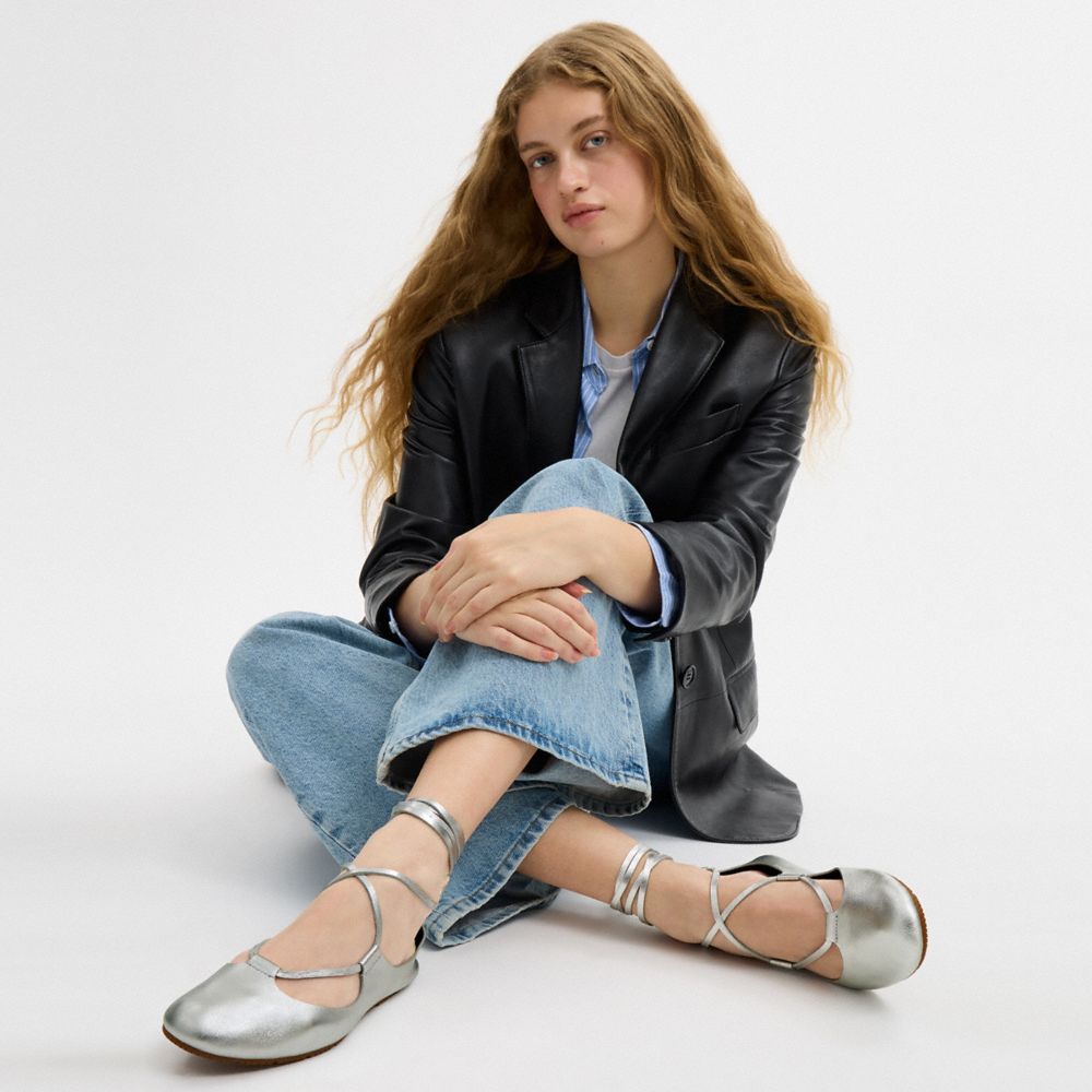 Women's Coach Lace Up Soft Ballet Flat Silver