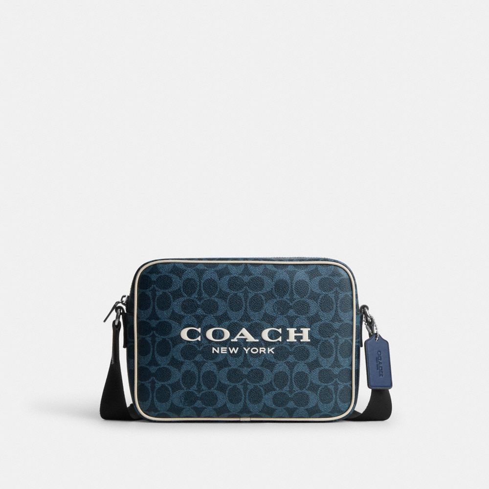 Coach Colton Crossbody Bag 25 In Signature Canvas With Coach Graphic Silver Ink Blue