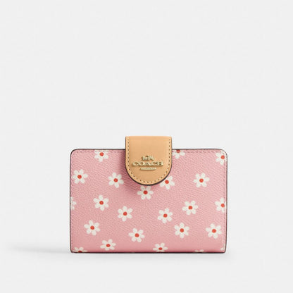 Coach Medium Corner Zip Wallet With Floral Print Gold/Pink Multi