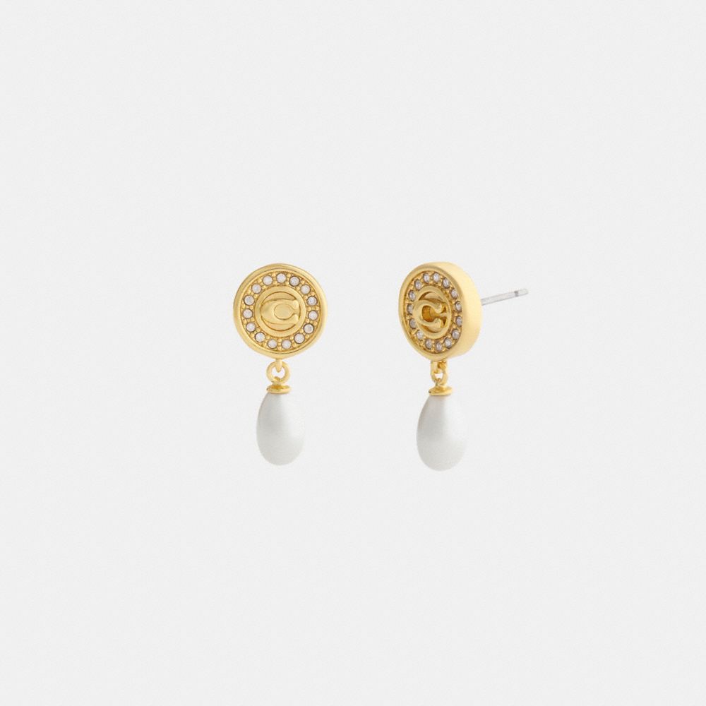 Coach Signature Pavé Coin Pearl Drop Earrings Gold Pearl