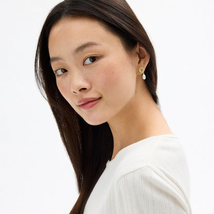 Coach Signature Pavé Coin Pearl Drop Earrings Gold Pearl