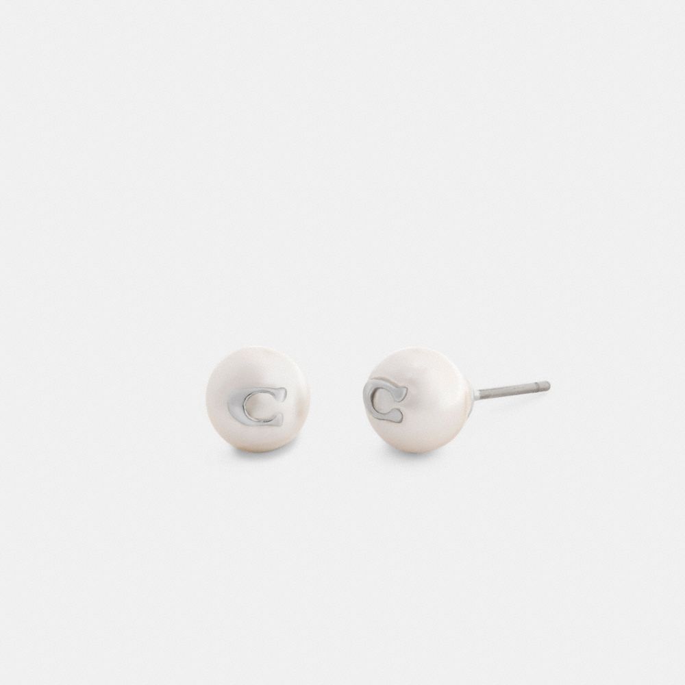 Coach Signature Pearl Stud Earrings Silver Pearl