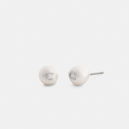 Coach Signature Pearl Stud Earrings Silver Pearl