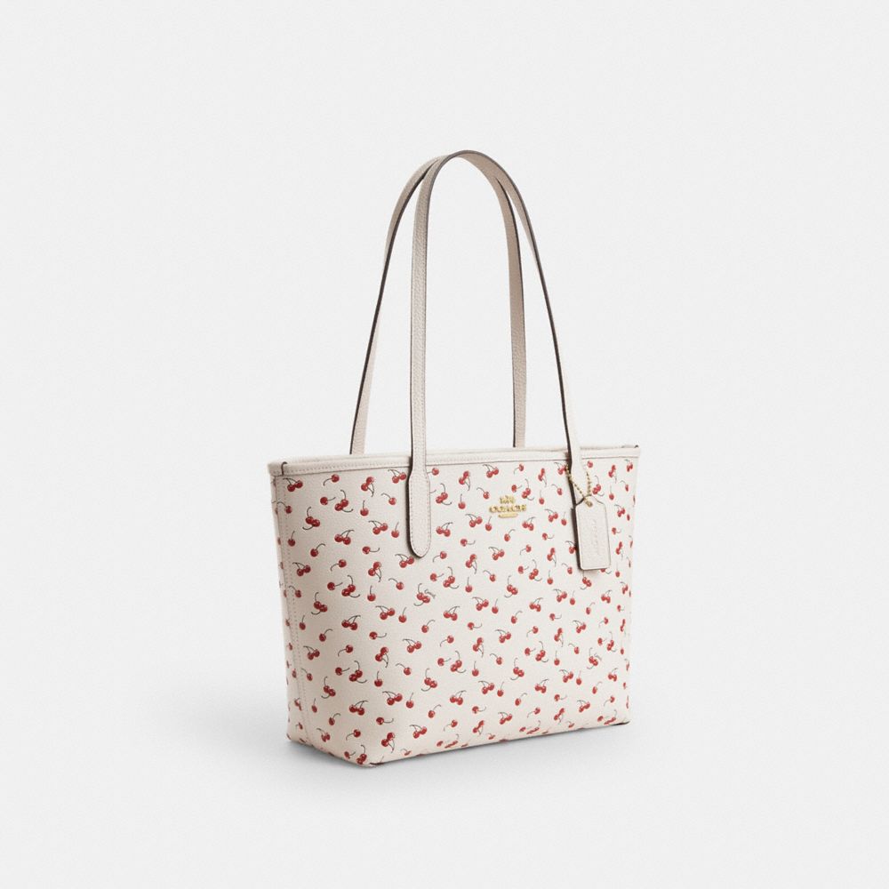 Coach Medium City Tote Bag With Cherry Print Gold Chalk Multi