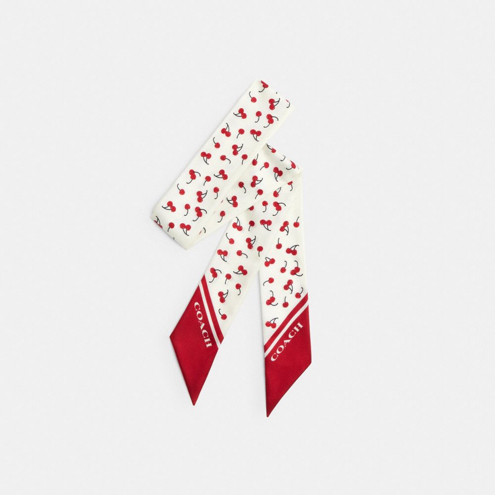 Coach Micro Cherry Print Silk Skinny Scarf Chalk Red