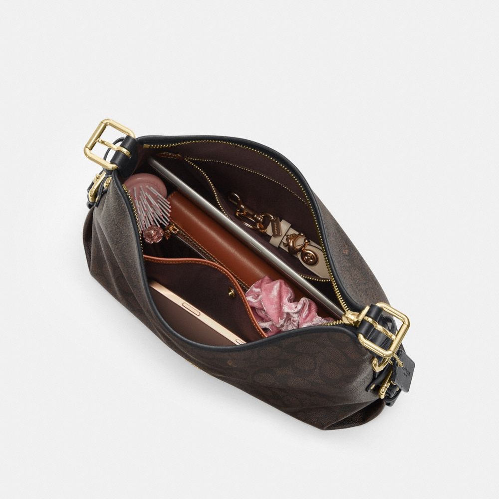 Coach Laurel Shoulder Bag With Buckles In Signature Canvas Gold/Walnut/Black