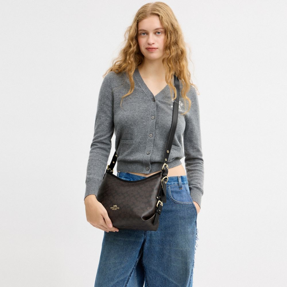 Coach Laurel Shoulder Bag With Buckles In Signature Canvas Gold/Walnut/Black