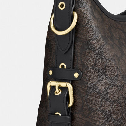 Coach Laurel Shoulder Bag With Buckles In Signature Canvas Gold/Walnut/Black