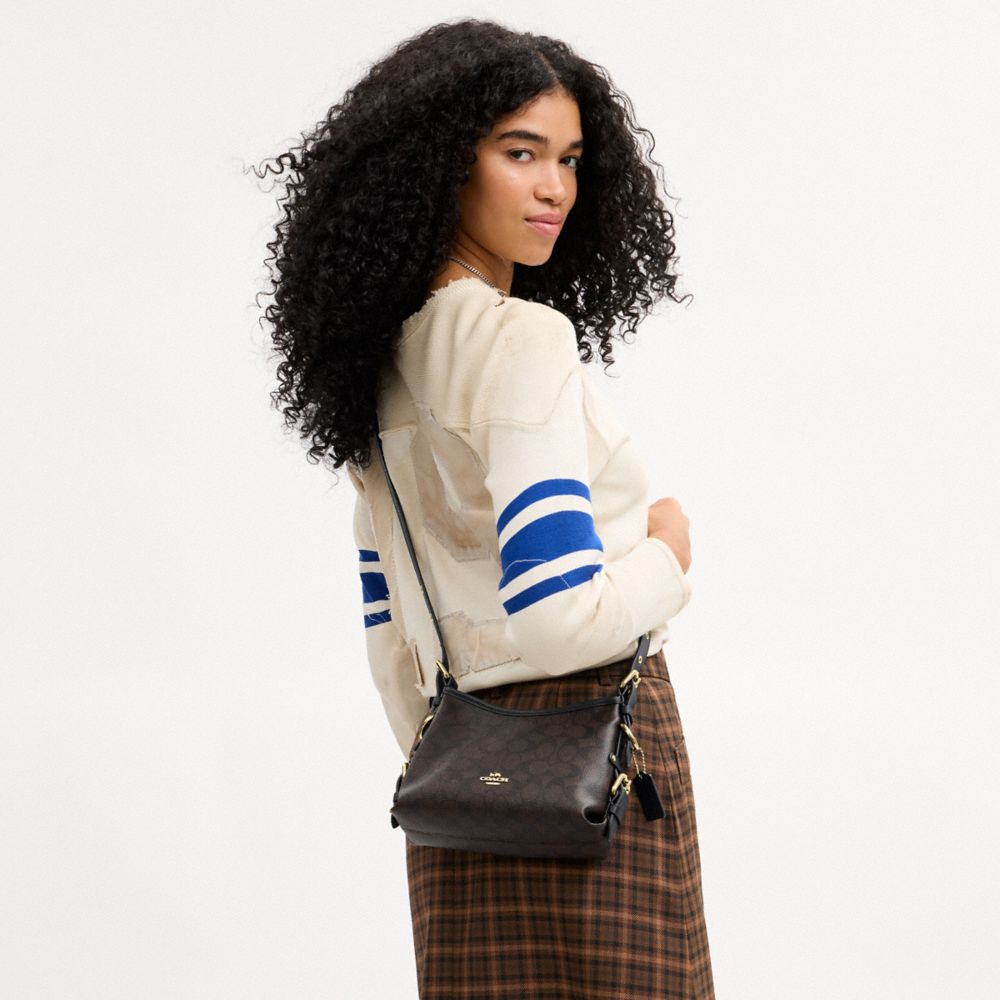Coach Laurel Shoulder Bag 22 With Buckles In Signature Canvas Gold/Walnut/Black