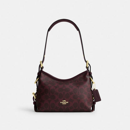 Coach Laurel Shoulder Bag 22 With Buckles In Signature Canvas Gold/Black Currant