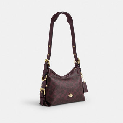 Coach Laurel Shoulder Bag 22 With Buckles In Signature Canvas Gold/Black Currant