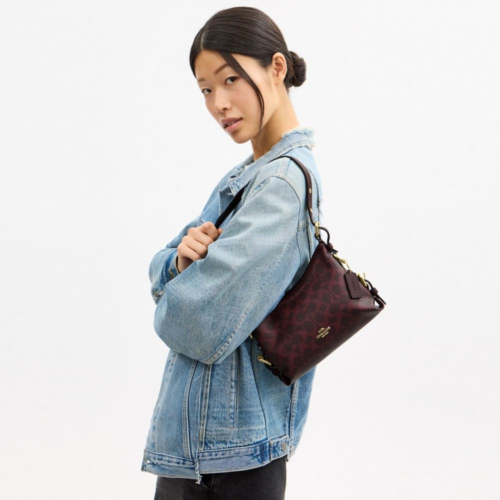 Coach Laurel Shoulder Bag 22 With Buckles In Signature Canvas Gold/Black Currant
