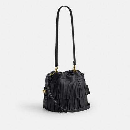 Coach Faye Mini Drawstring Bag With Fringe Gold/Black