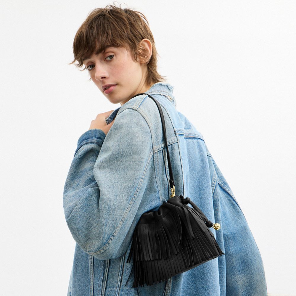 Coach Faye Mini Drawstring Bag With Fringe Gold/Black