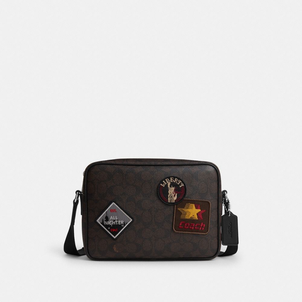 Coach Colton Crossbody Bag 25 In Signature Canvas With Patches Sv/Walnut/Black