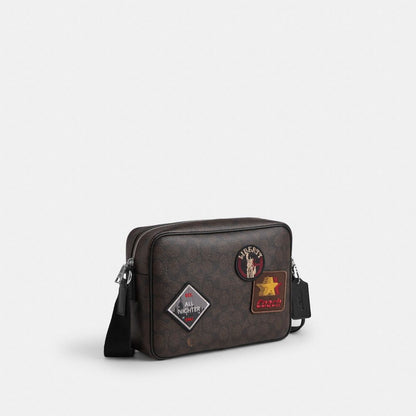 Coach Colton Crossbody Bag 25 In Signature Canvas With Patches Sv/Walnut/Black
